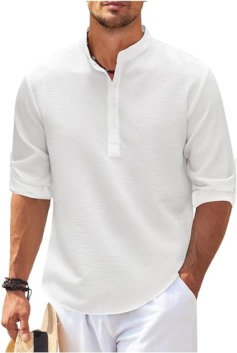 Stylish men's band collar shirt with a relaxed fit. Versatile casual button-down for summer fashion.