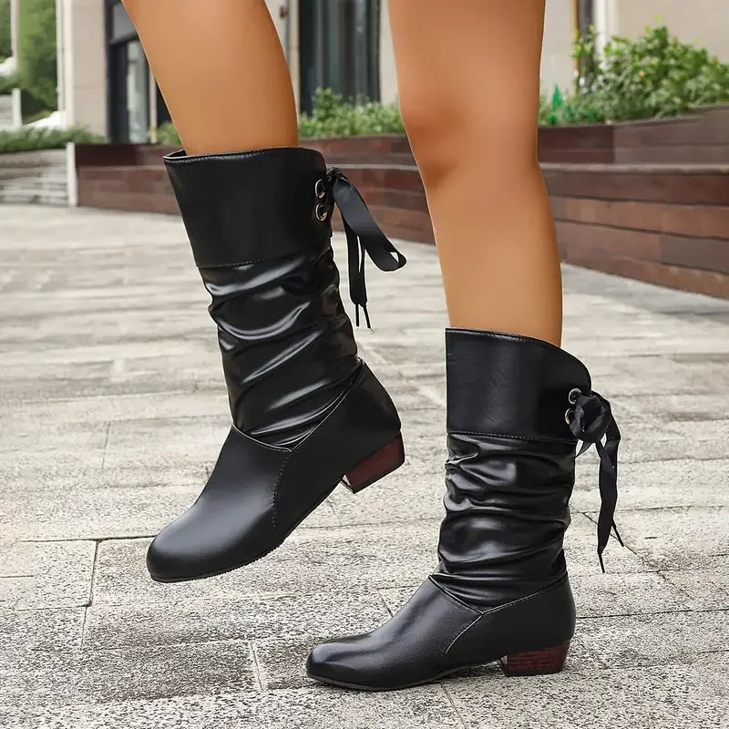 Women's durable lacing chunky heel calf boots, a versatile design for chic winter outfits & support.