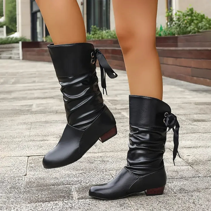 Women's durable lacing chunky heel calf boots, a versatile design for chic winter outfits & support.
