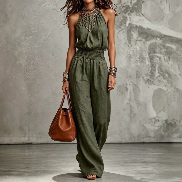 Get ready for summer with this women's halter neck wide-leg jumpsuit, ideal for holidays.