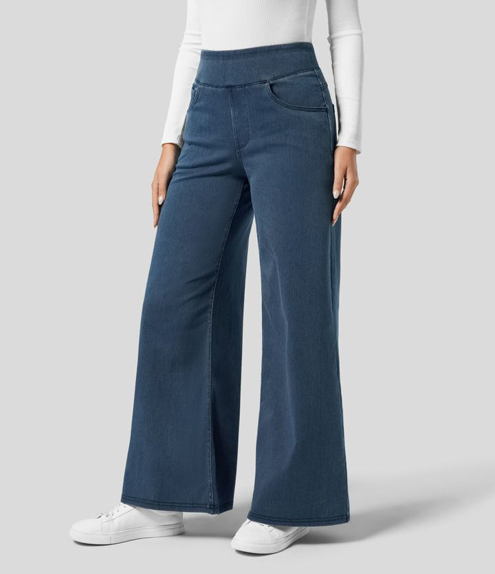 Dark blue women's high-waisted wide-leg stretch trousers, comfortable & chic casual wear.