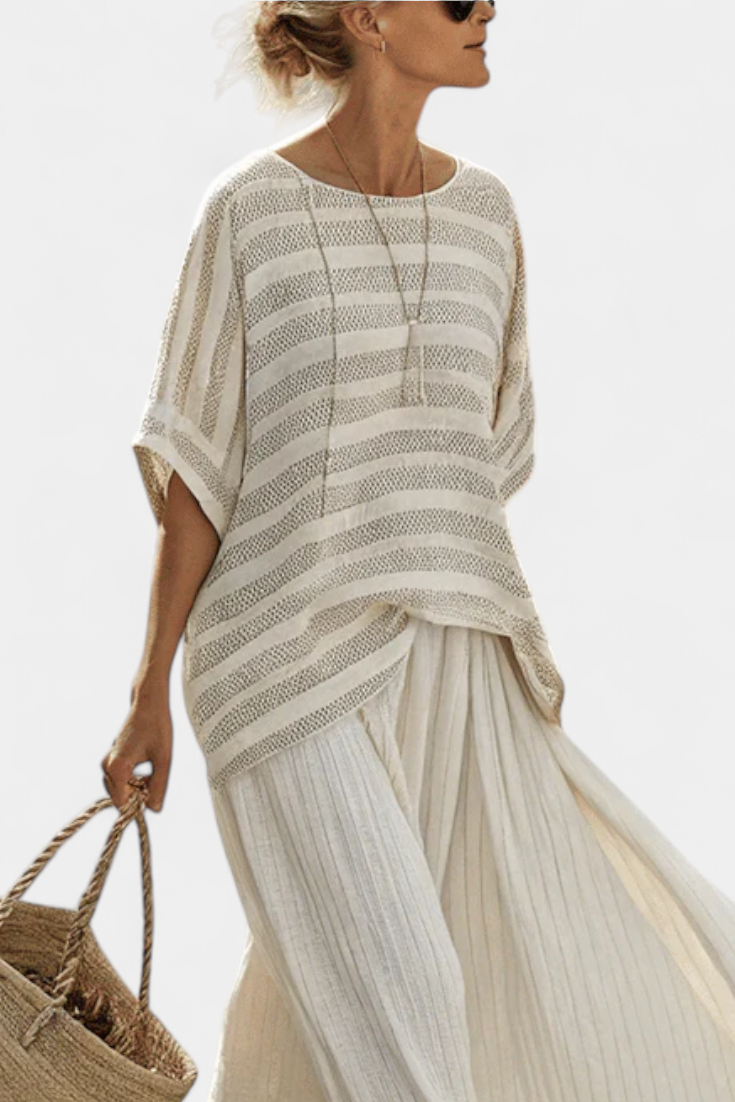Relaxed fit women's striped co-ord set with comfy flowing pants & matching top for casual summer fashion.