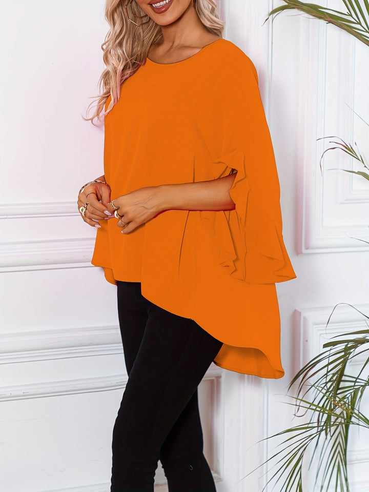 Versatile women's everyday blouse, a stylish round neck top for work or leisure.