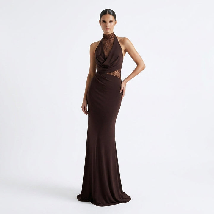 Full length brown lace gown with a stylish halter neck, an elegant choice for special events.