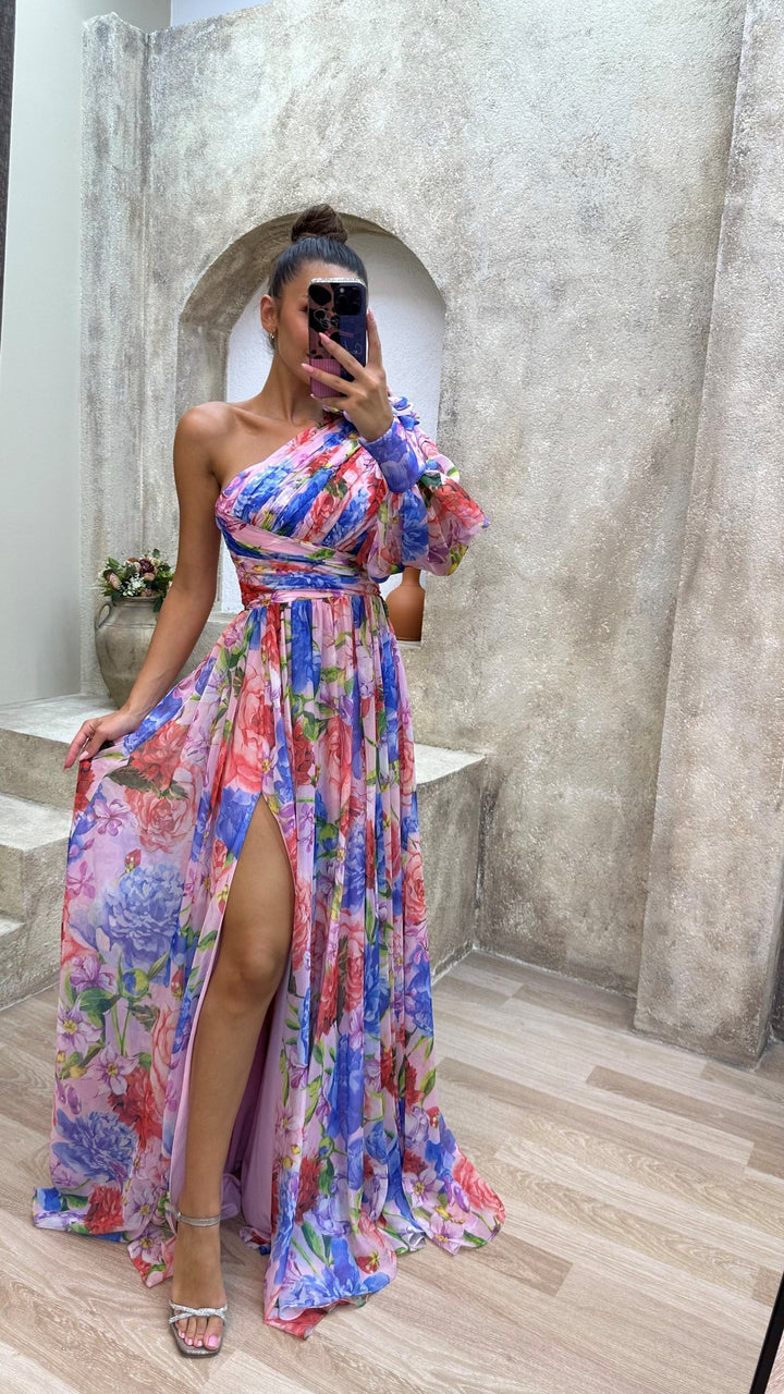 Stylish asymmetrical floral maxi dress with side split, a comfortable & elegant choice for any occasion.