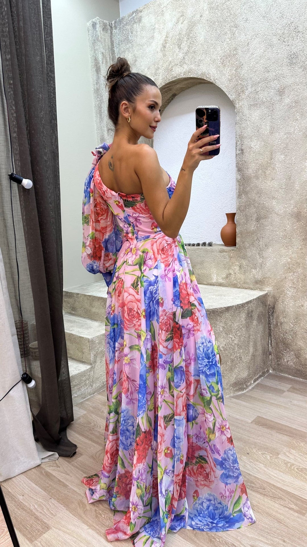 Floral print one-shoulder summer maxi dress for women, featuring a split, ideal for parties & resort wear.
