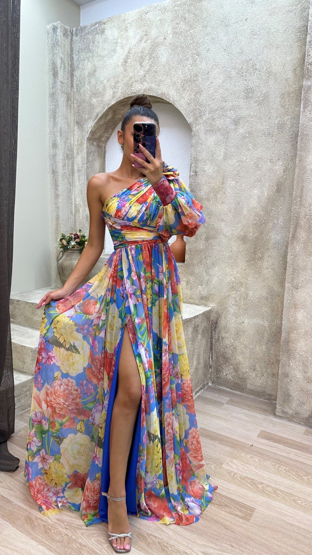 Chic one-shoulder floral print maxi dress with a stylish split; a beautiful summer & party dress.