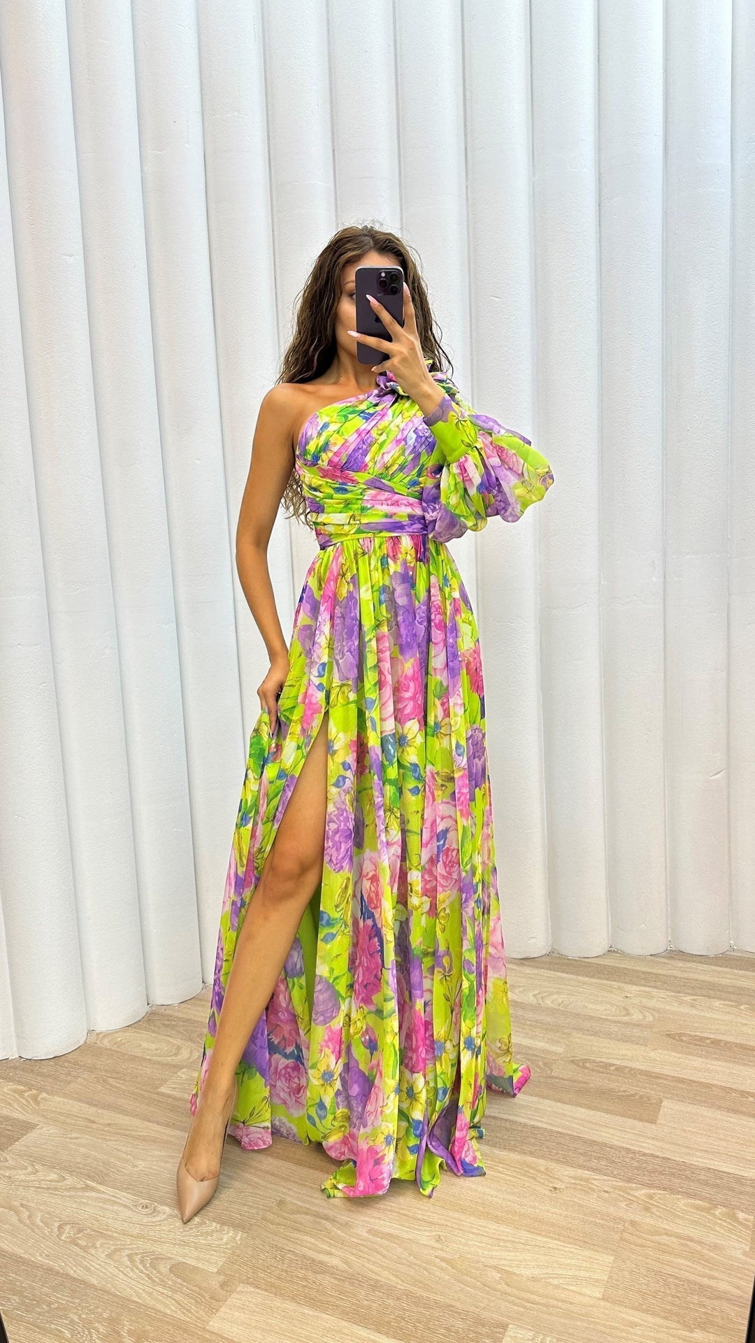 Women's elegant floral one-shoulder maxi dress with split hem, great for weddings, guests & evening wear.
