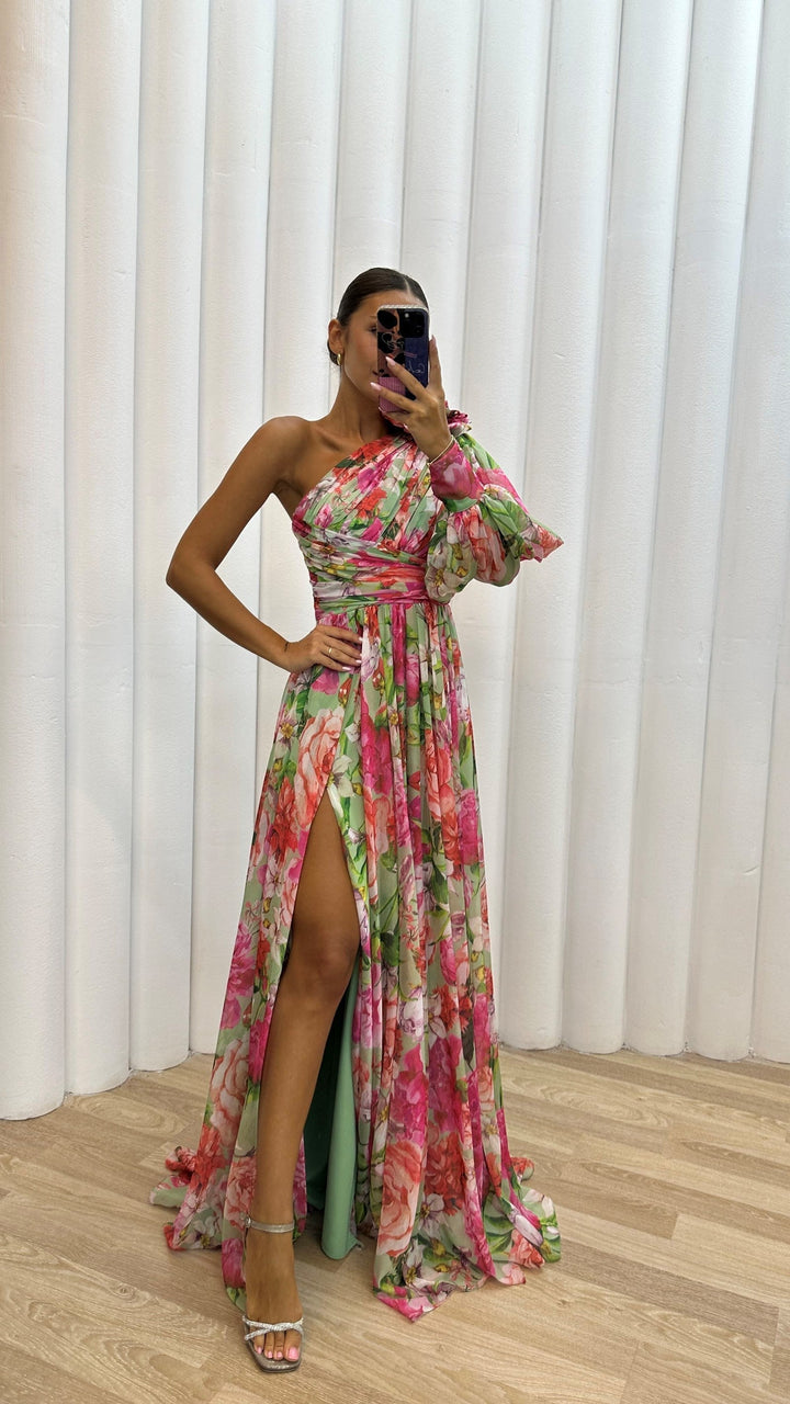 Vibrant floral one-shoulder maxi dress for women with a sexy split, perfect for vacation & summer events.