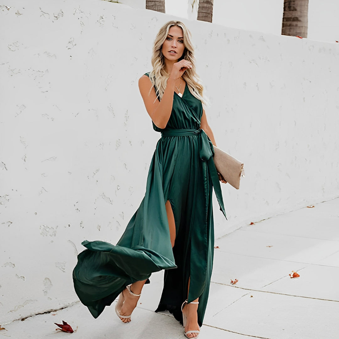 Women's formal maxi dress with a flattering waist belt, suitable for elegant parties, weddings, or evening wear.