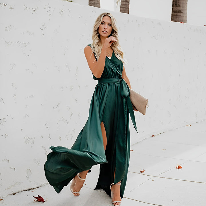 Women's formal maxi dress with a flattering waist belt, suitable for elegant parties, weddings, or evening wear.