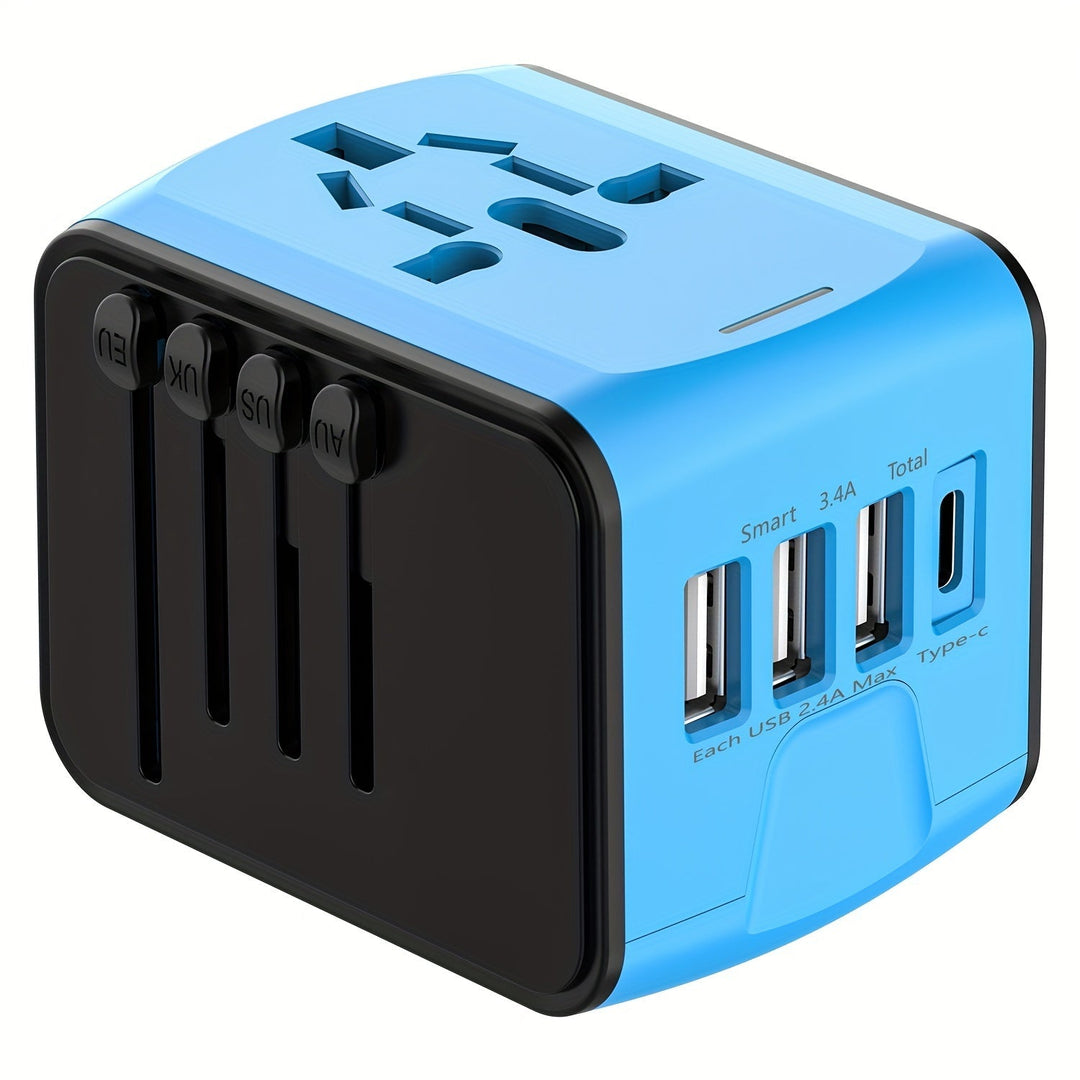 Universal travel adapter with 4 USB & Type-C ports for global charging. Fast, multi-device power.