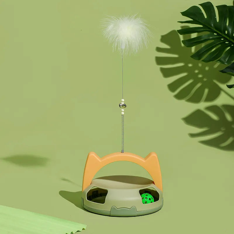 Dynamic feather and rolling ball cat toy, designed for stimulating interactive play for all felines.