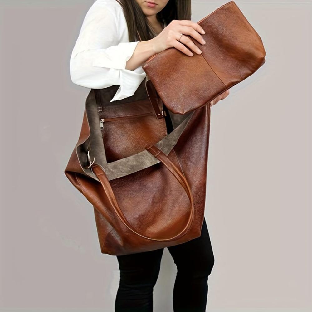 Stylish retro PU leather tote bag for women, a large capacity shoulder handbag & daily accessory.