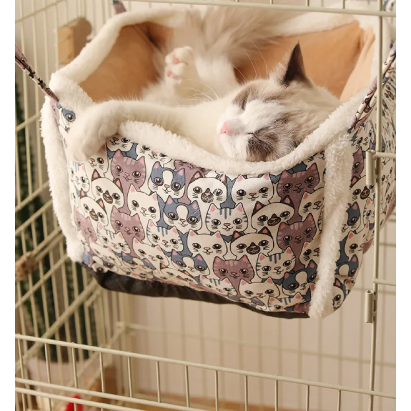 Soft, round cat sleeping basket, plush and cozy, with an adorable pattern for pet relaxation.