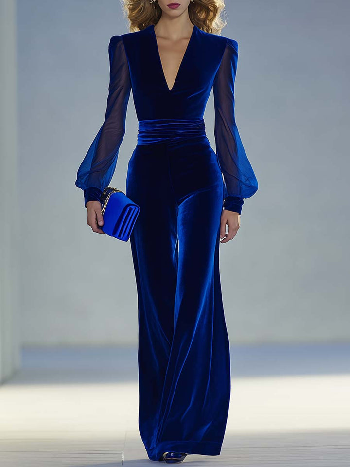 Elegant women's black mesh sleeve jumpsuit with V-neck, perfect for evening parties & special occasions.