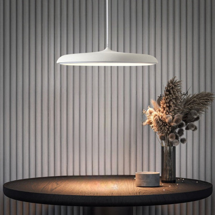 Two sleek Nordic LED pendant lamps. Modern Scandinavian lighting solution for contemporary dining spaces.