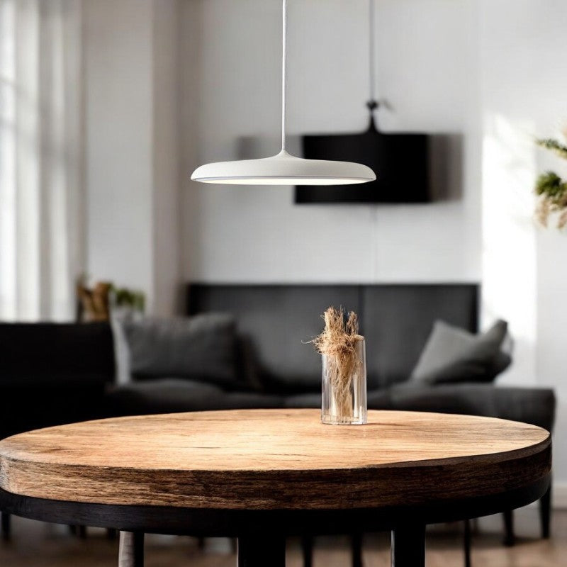 Warm glow from a Nordic LED pendant lamp, bringing sleek Scandinavian ambient light to a modern living room.
