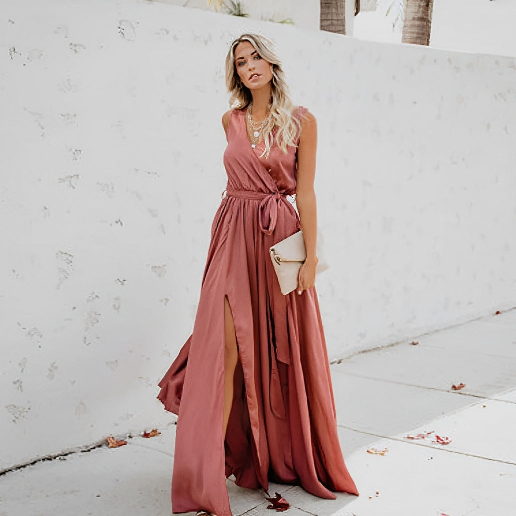 Stylish women's elegant maxi dress with a V-neck, waist belt, and side slit; ideal for any special occasion.