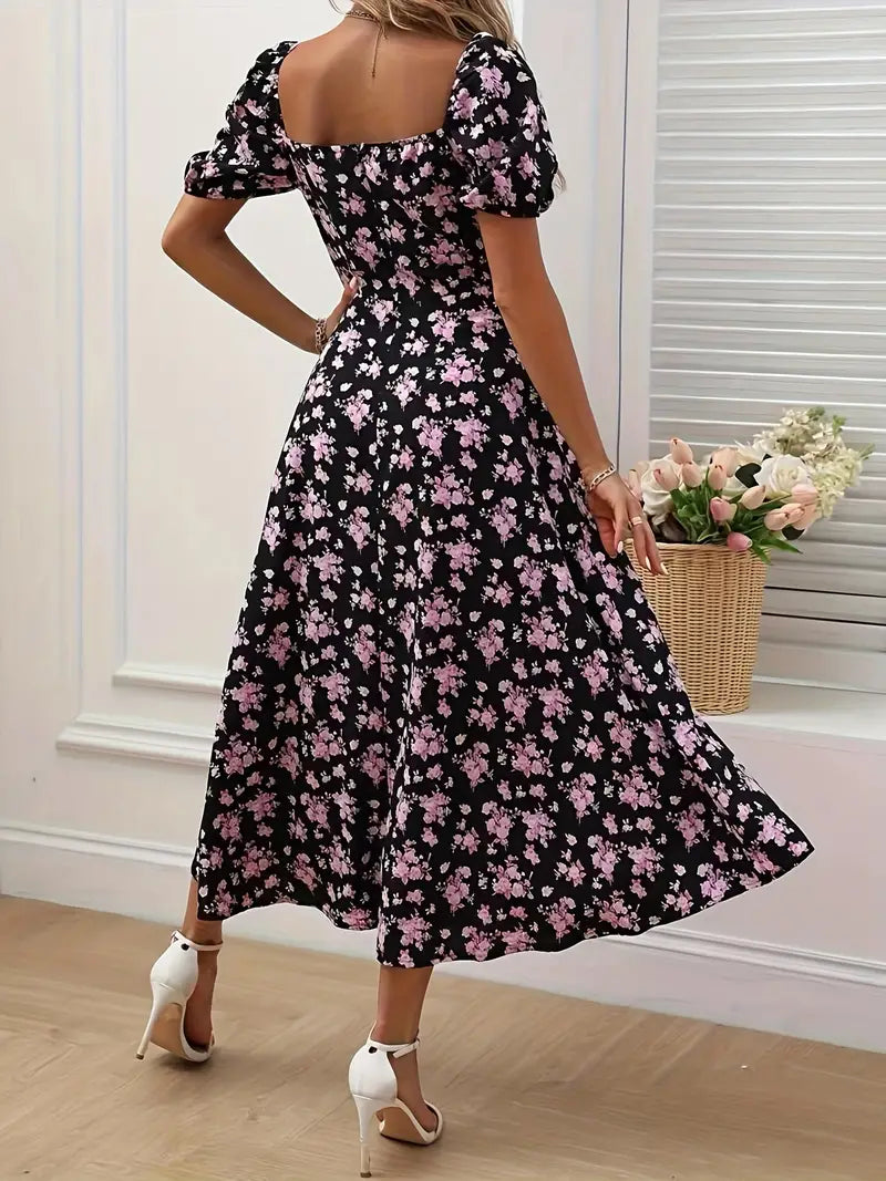 Floral print A-line midi dress for women, featuring a flattering silhouette & spring style.