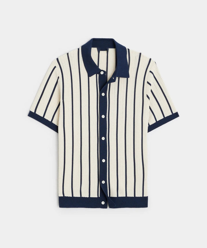 Regular fit men's white vertical striped button-down. Smart casual short sleeve shirt, ideal for summer fashion.
