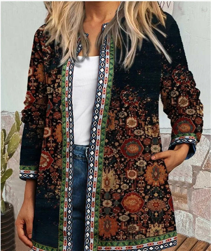 Women's vibrant boho jacket with a rich, colorful pattern, perfect for unique bohemian style and everyday wear.