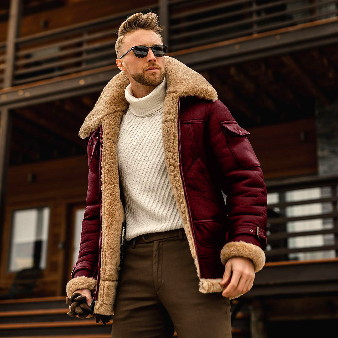 Premium men's shearling aviator jacket, combining rugged design with cozy warmth for cold weather style.