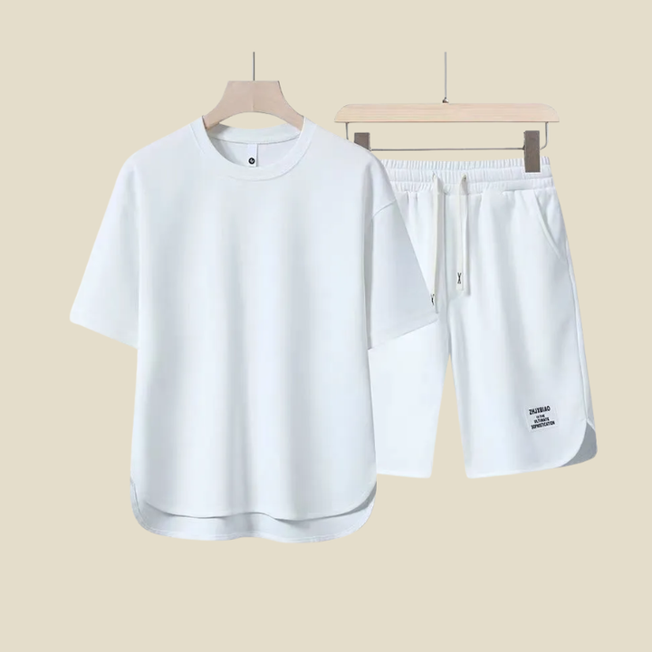 Stylish men's short sleeve tee & matching drawstring shorts outfit, ideal for casual wear, summer, or loungewear.