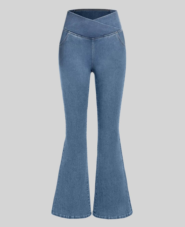 Grey high-waist stretch casual jeans for women, offering comfort and versatile everyday wear.