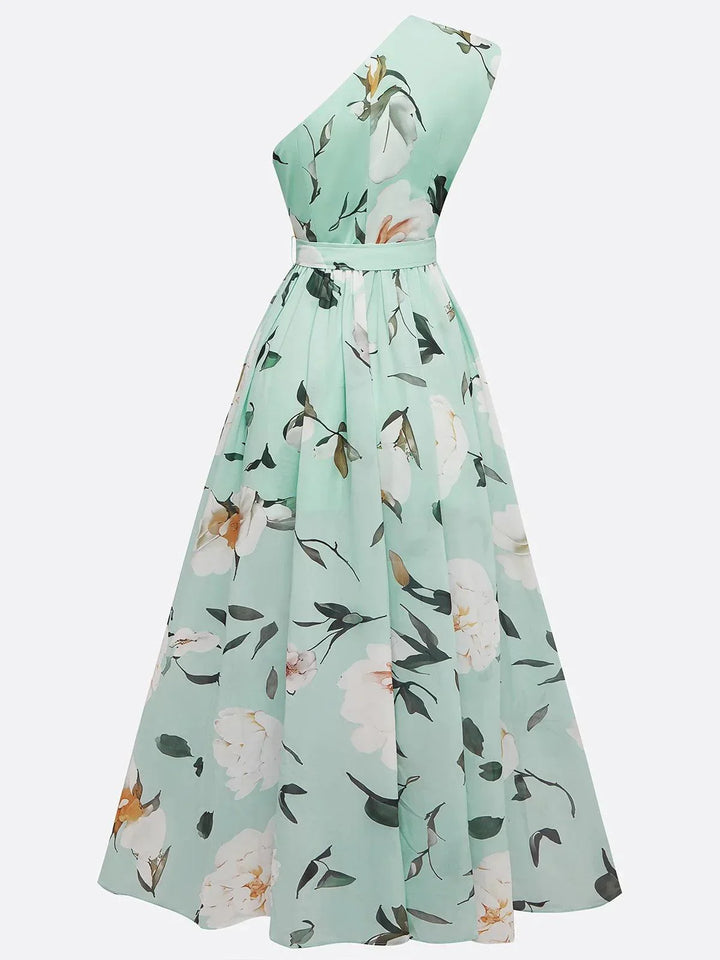 Stylish women's one-shoulder ruched A-line maxi dress, a chic option for summer evening wear.