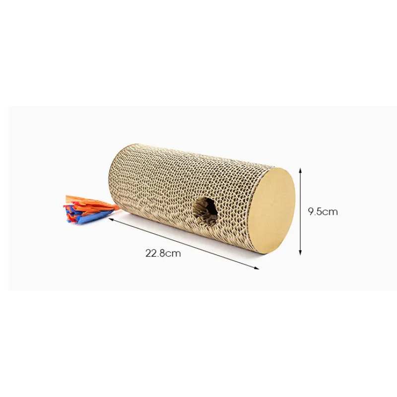 Cat's scratch roll with playful fringes & a central hole. Engaging cardboard cat toy for active pet play & scratching.