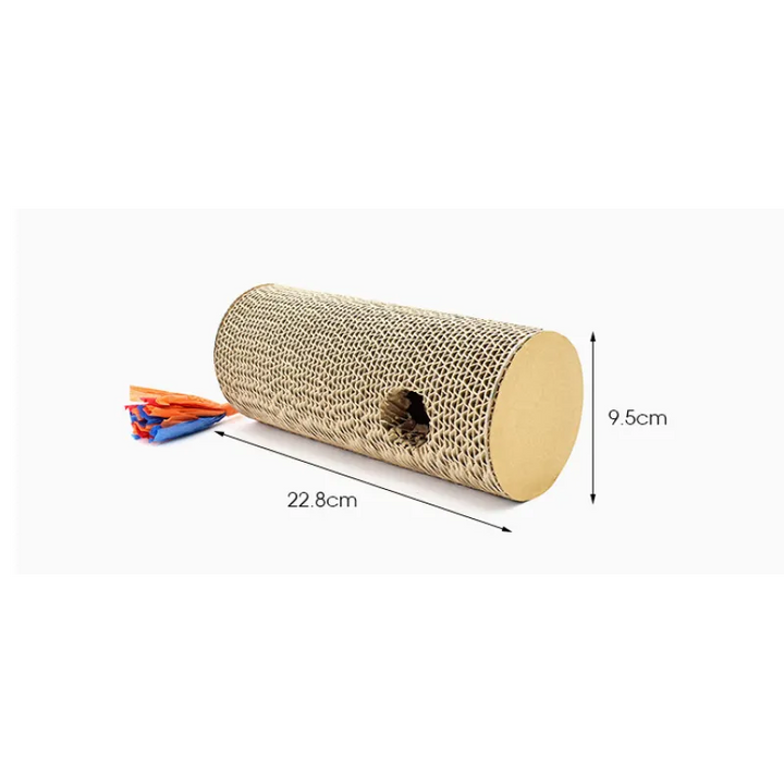 Cat's scratch roll with playful fringes & a central hole. Engaging cardboard cat toy for active pet play & scratching.