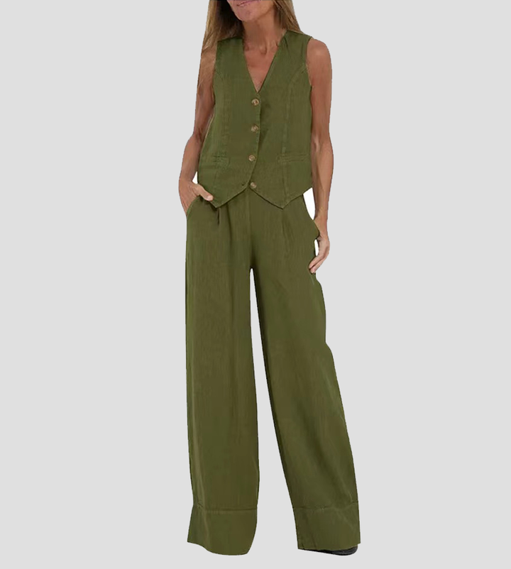 Chic women's wide-leg trousers, part of a sophisticated two-piece set with a V-neck sleeveless top.