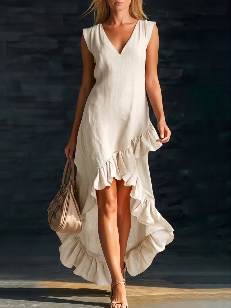 Flowy high-low midi dress for women, featuring ruffles; ideal for casual elegant summer outings or beach style.