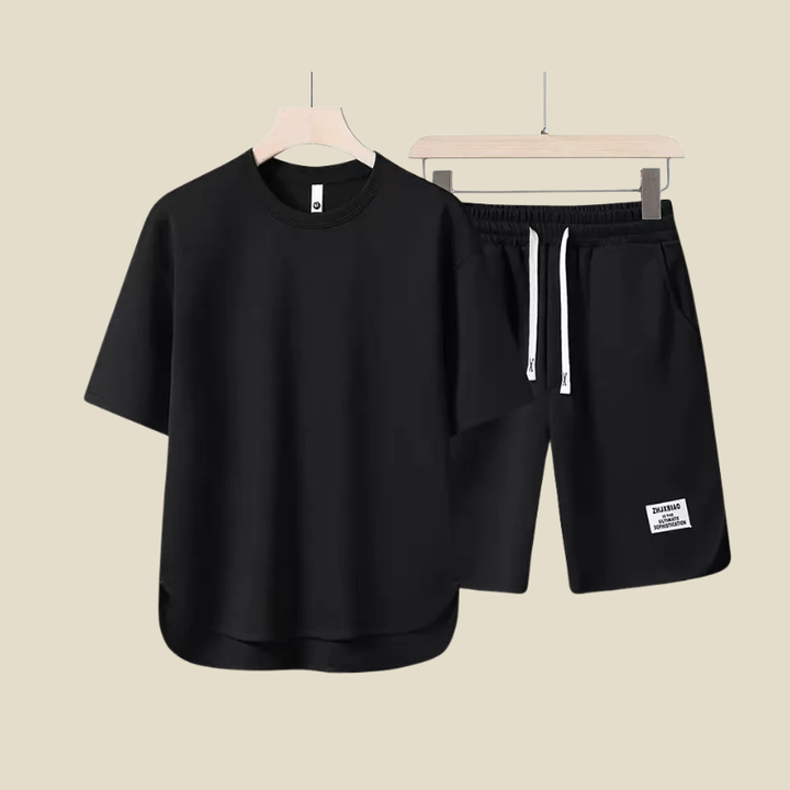 Relaxed men's short sleeve t-shirt and drawstring shorts set for ultimate comfort and casual summer style.