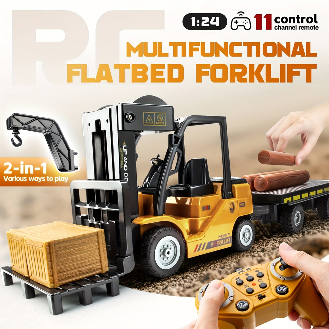 Children's RC construction vehicle: a detailed forklift toy with lights & a removable trailer.
