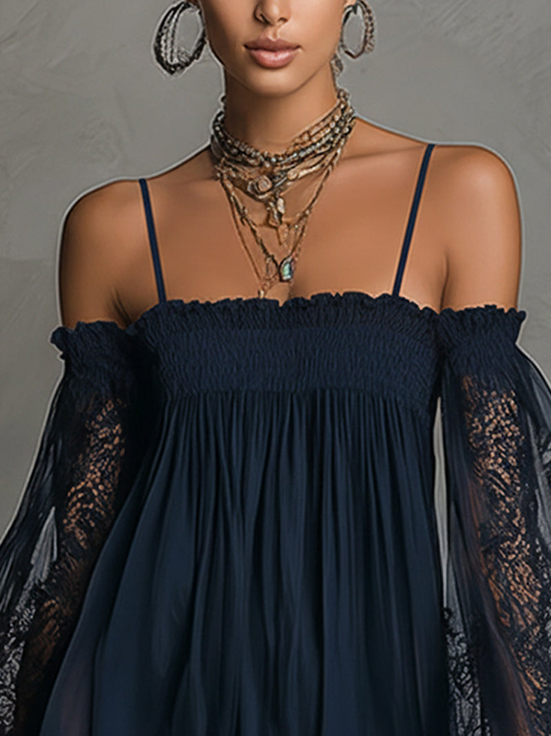 Women's elegant navy blue lace off-shoulder dress. A-line silhouette, perfect formal party or special occasion gown.