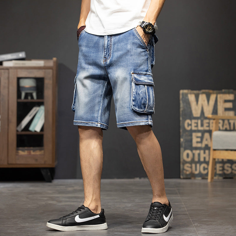 Men's stylish light wash cargo shorts with flap pockets. Regular fit, perfect for casual summer wear.