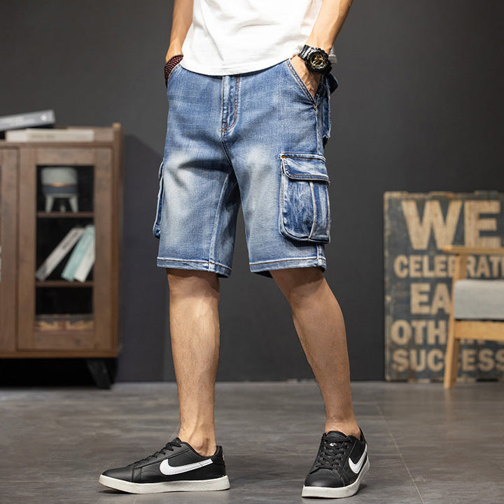 Men's stylish light wash cargo shorts with flap pockets. Regular fit, perfect for casual summer wear.