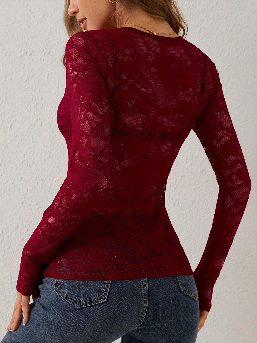 Chic women's sheer lace V-neck blouse, long sleeve, perfect party top, versatile & fashionable.