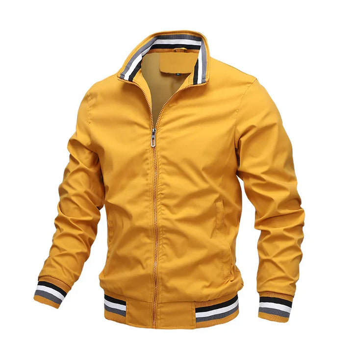 Versatile men's lightweight summer jacket in white, blue, yellow, or black. Stylish warm weather outerwear.