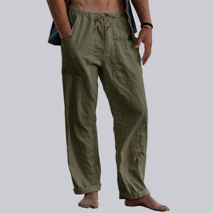 Breathable men's wide-leg summer pants, offering comfort and a relaxed fit for hot weather.