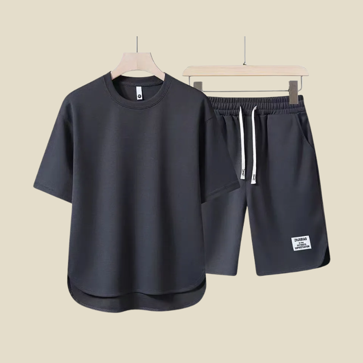Lightweight men's short sleeve tee & drawstring shorts set, great for summer holidays, beach, or casual outings.