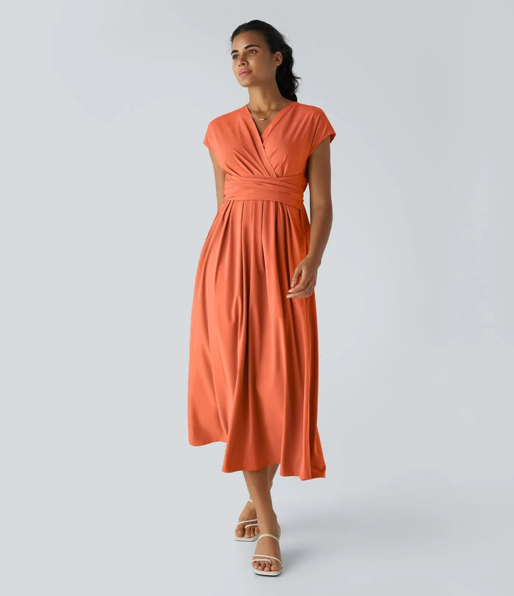 Women's elegant V-neck wrap midi dress. Short sleeve, high waist, and versatile for casual or dressy wear. [[lstfy-media:6]]