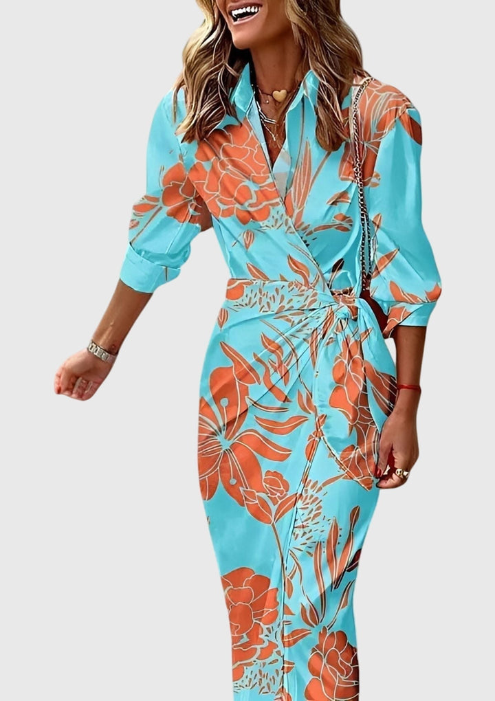 Chic women's printed wrap midi dress with a flattering V-neck, an elegant choice for any occasion.