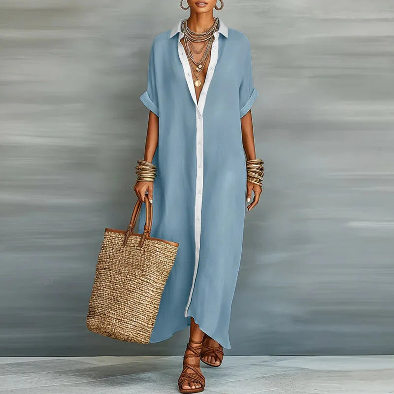 Women's collared short sleeve button-up maxi shirt dress. Elegant relaxed fit summer fashion with contrast trim.