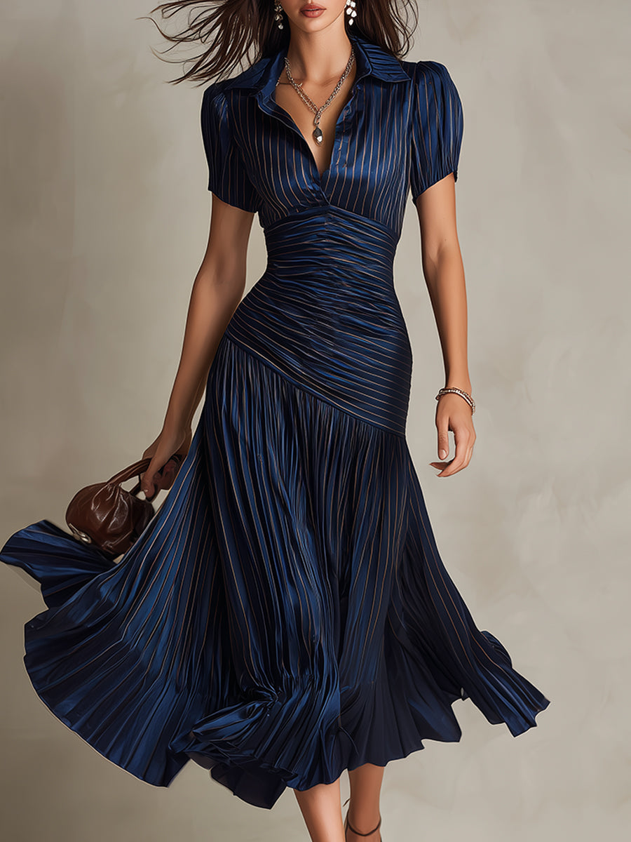 Elegant dark blue & white retro striped midi dress for women, perfect summer occasion wear.