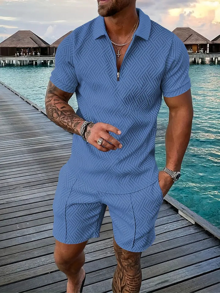 Men's geometric print polo shirt and matching shorts summer outfit. Perfect for menswear.