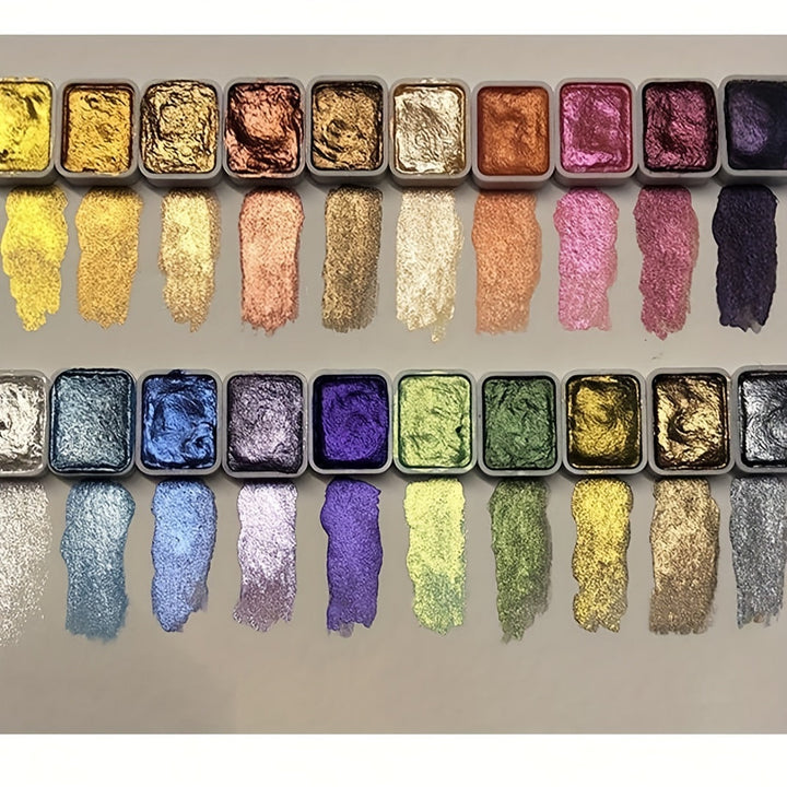 20-color pearl watercolor paint set for artists & calligraphy. Iridescent shimmer solid paints for creative art.