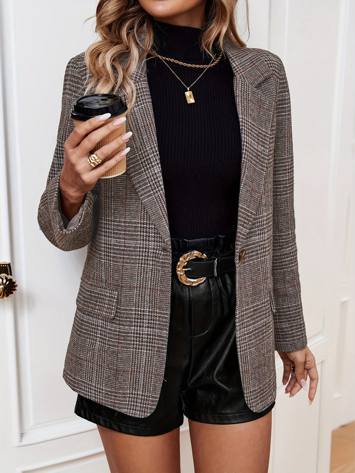 Women's plaid long sleeve casual blazer, perfect for sophisticated office wear or chic everyday style.